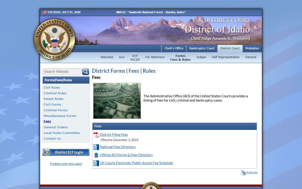 Benewah County court clerk records District of Idaho fee page