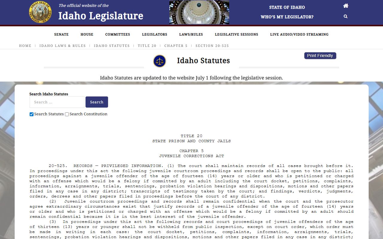 Benewah County arrest records Idaho juvenile records statute