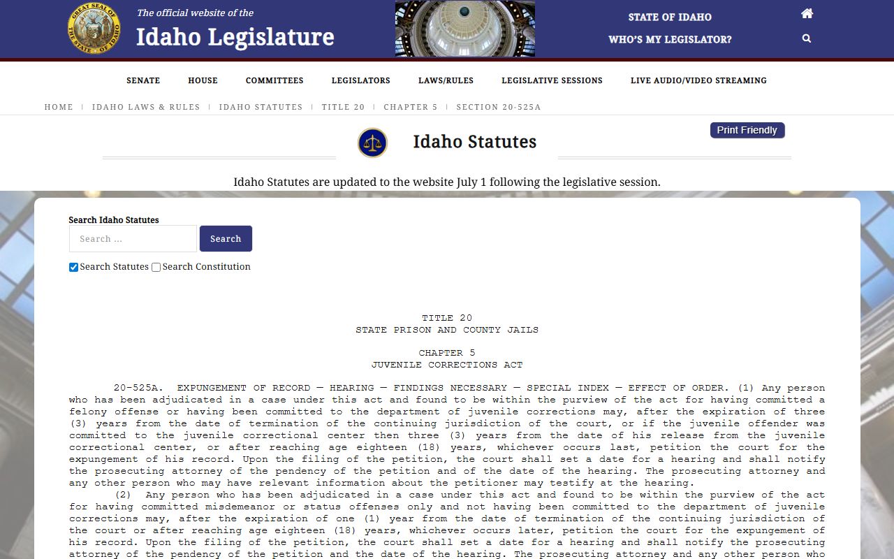 Benewah County arrest records Idaho juvenile expungement statute