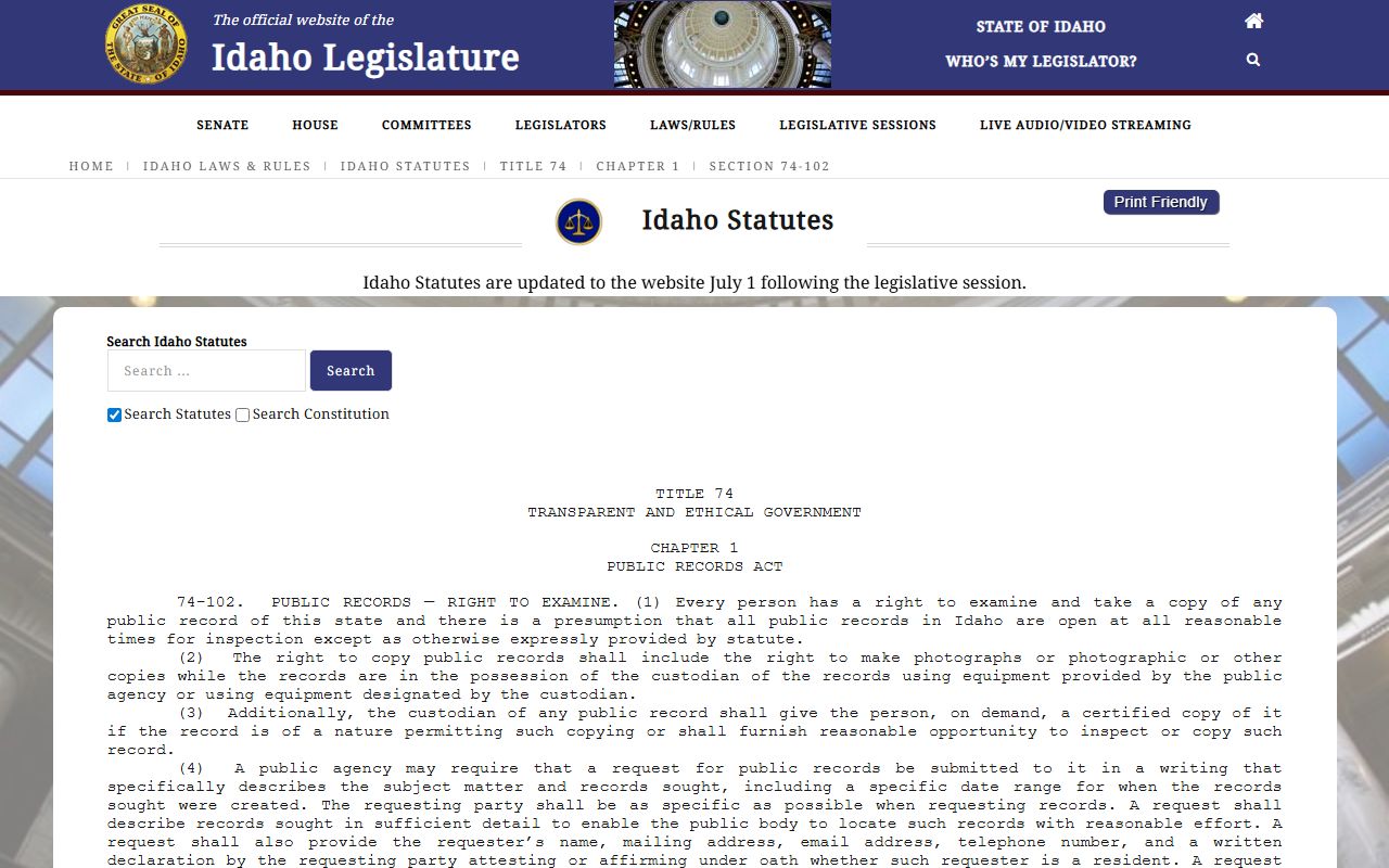 Benewah County court records Idaho public records inspection statute