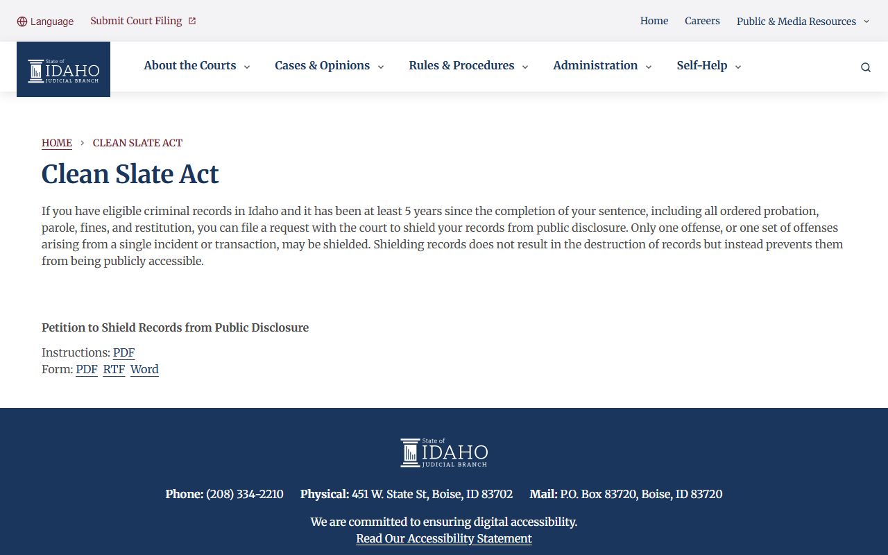 Benewah County criminal court records Idaho Clean Slate Act source