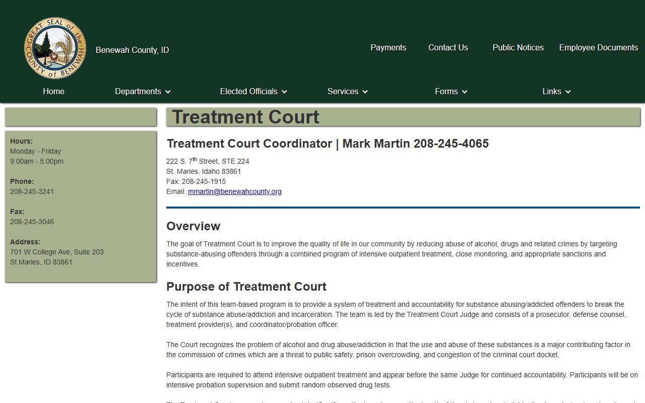 Benewah County District Court Treatment Court contact page