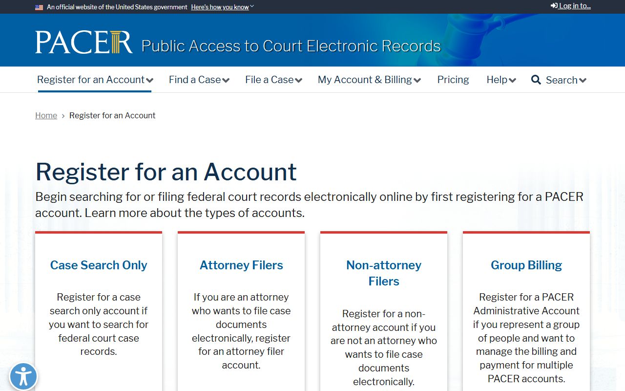 Benewah County District Court federal PACER registration page