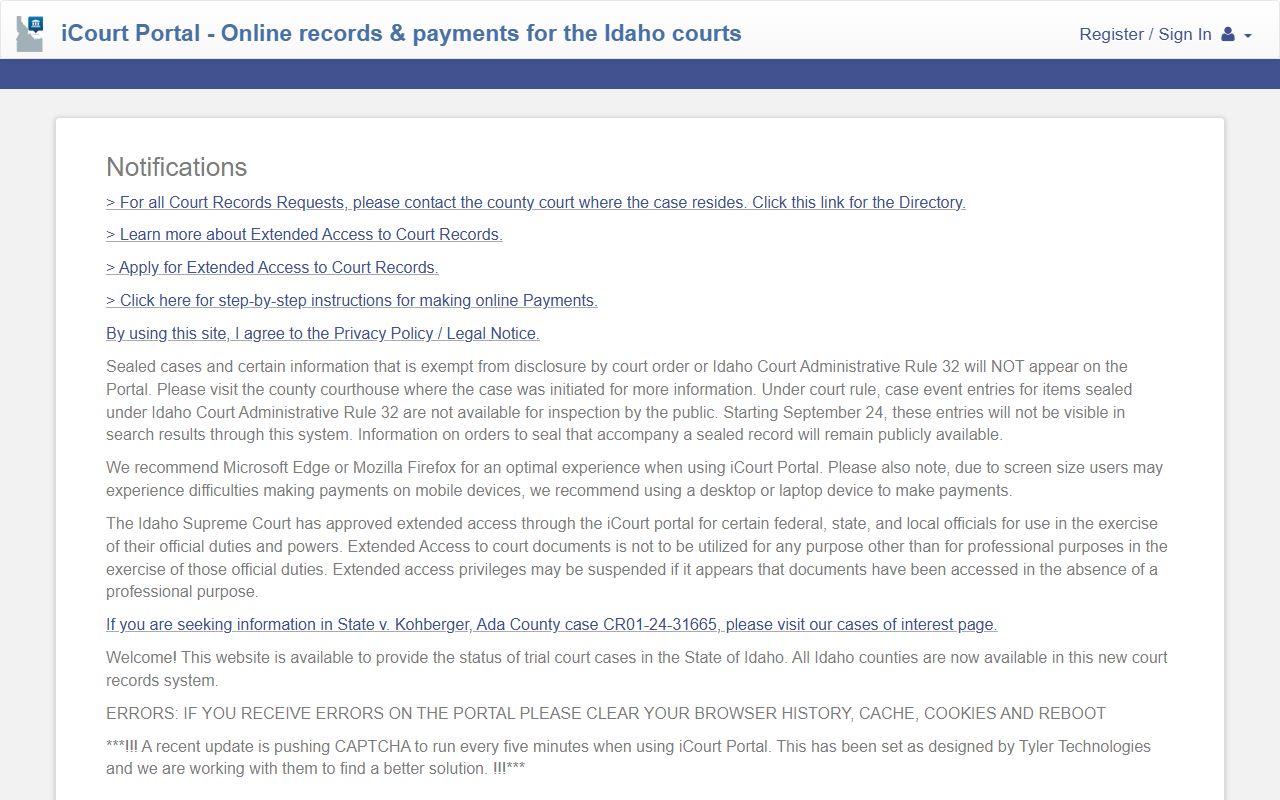 Benewah County court records iCourt Portal search dashboard