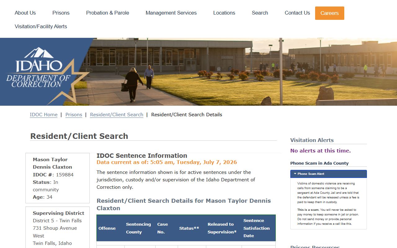 Benewah County inmate records IDOC sample resident profile