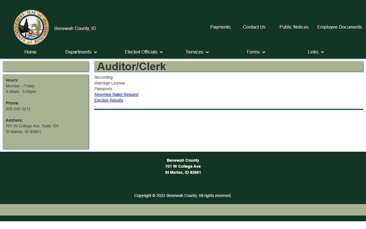 Benewah County marriage records Auditor Clerk office page