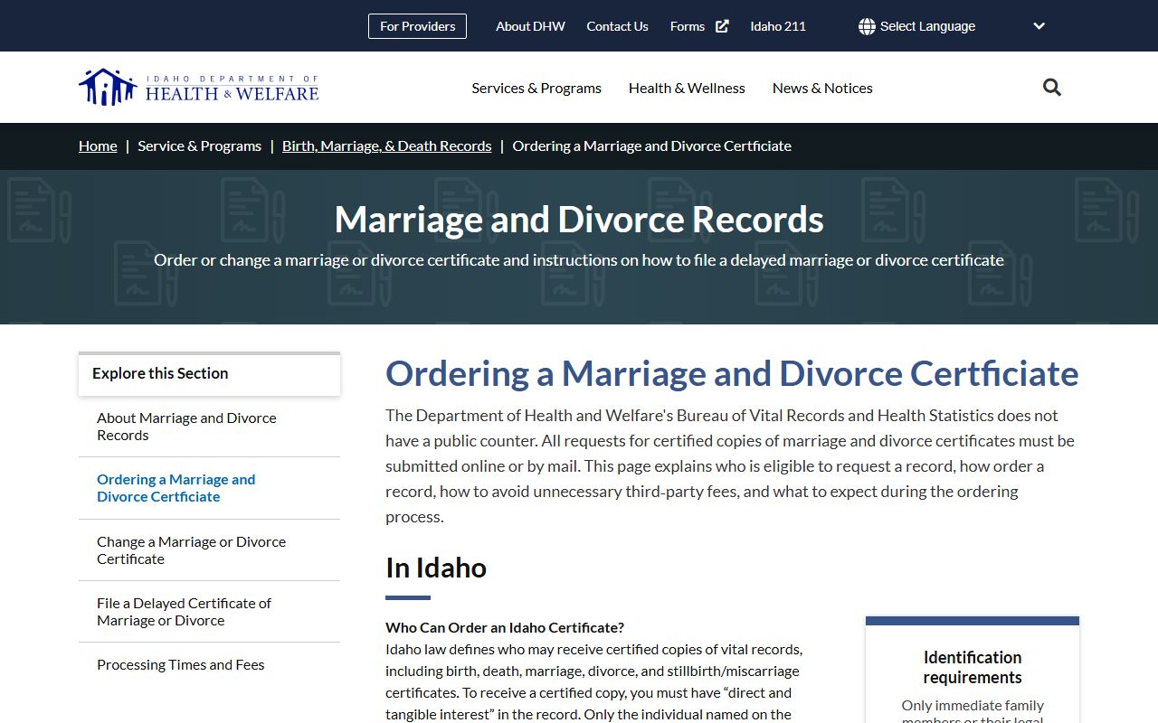 Benewah County marriage records Idaho DHW certificate ordering page