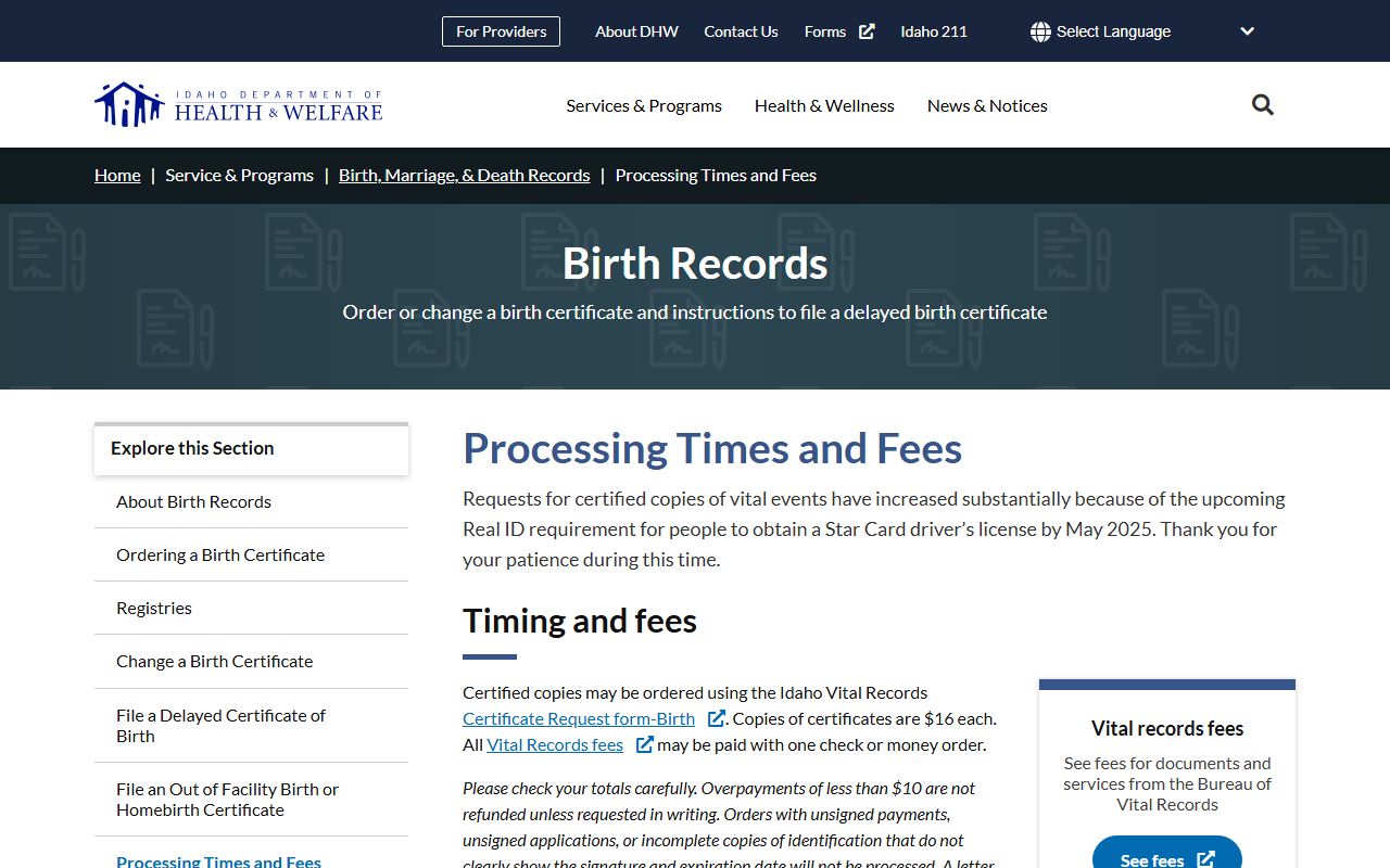 Benewah County marriage and divorce records Idaho vital records fees