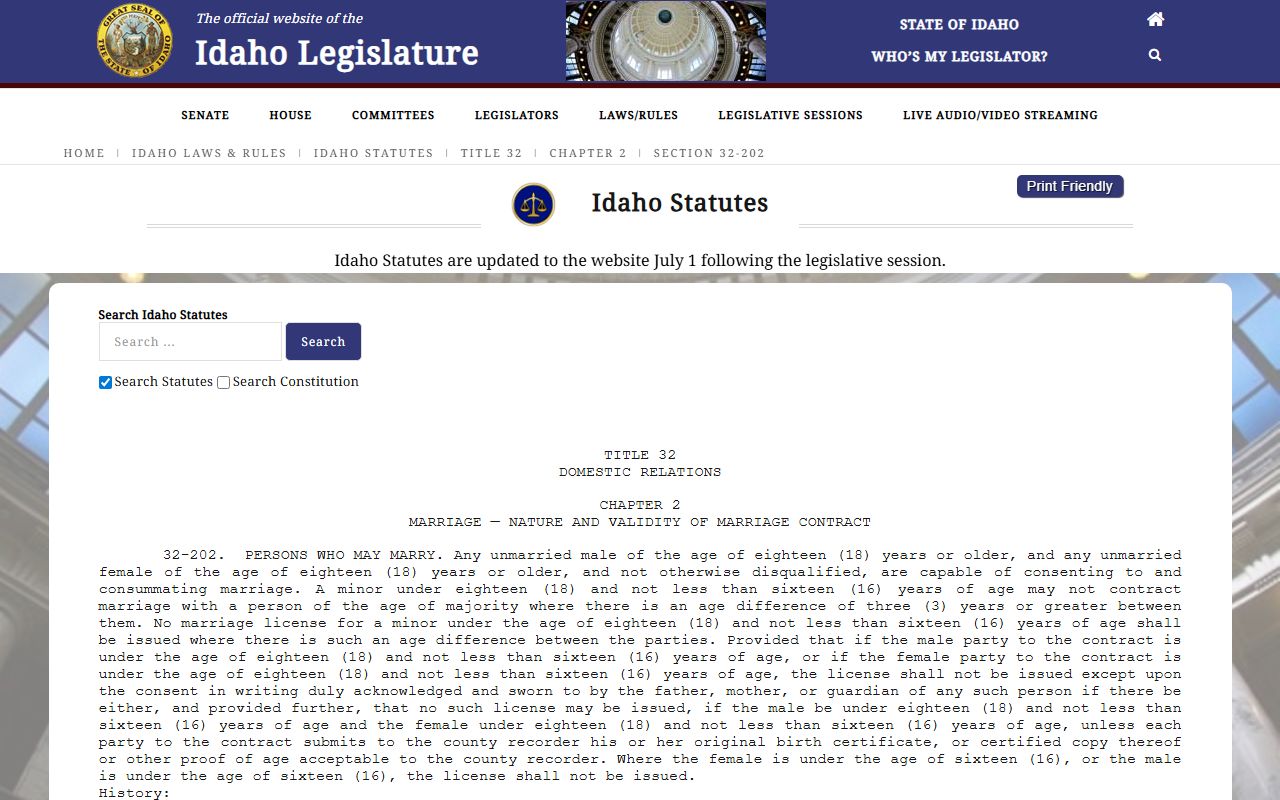Benewah County marriage records Idaho marriage eligibility statute