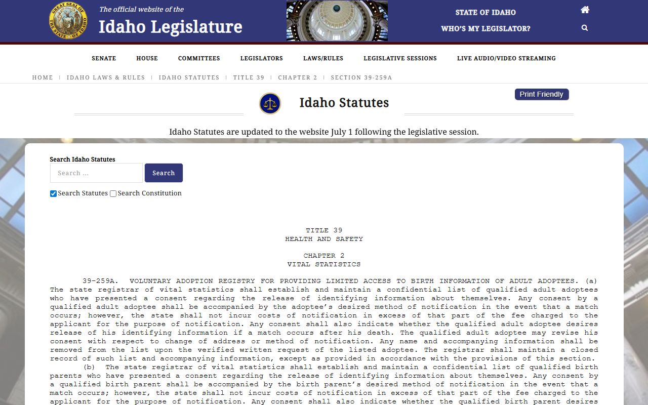 Benewah County probate records Idaho voluntary adoption registry statute